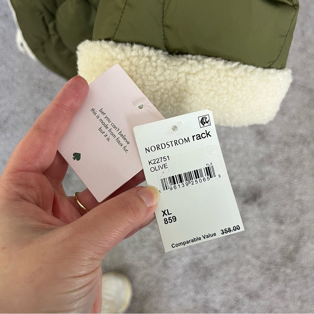 NWT KATE SPADE FAUX SHEARLING TRIM DOWN AND FEATHER FILL LONG COAT OLIVE SIZE XL - Picture 15 of 16